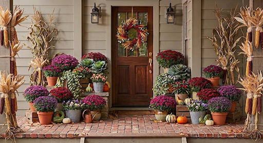 A front porch decorated for fall, brimming with potted plants, alongside seasonal pumpkins, corn stalks and gourds.
