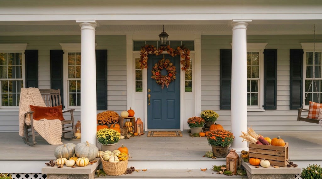 Autumn-decorated front porch featuring heirloom pumpkins, potted mums, a leaf garland on a blue front door and a rocking chair with a cozy throw blanket.