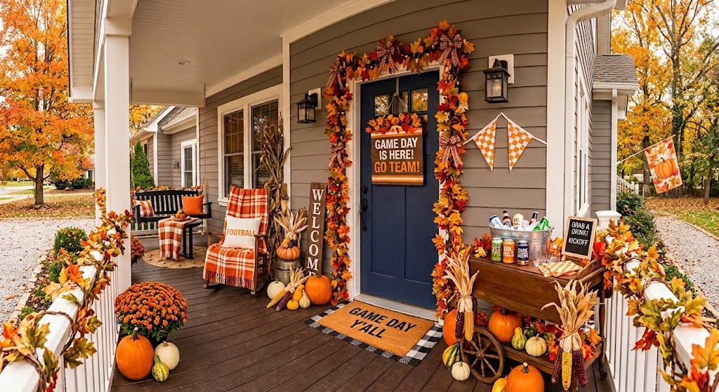 A front porch decorated with a fall football theme, featuring pumpkins, mums, a beverage cart, signage and autumn leaf garlands around a blue front door.