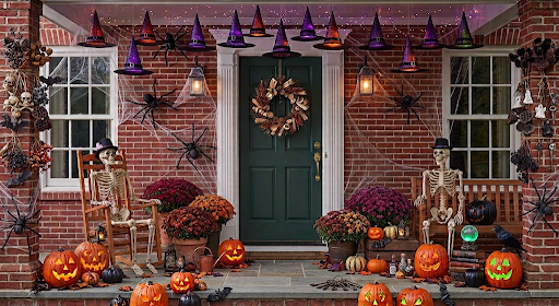 A front porch decorated for Halloween with witch hats, skeletons, pumpkins, mums, spiderwebs, crows and bats.