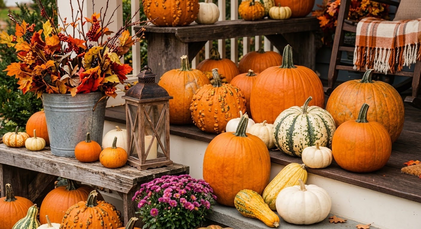 Front porch decorated for fall with heirloom gourds, lanterns, cozy blankets and potted mums.