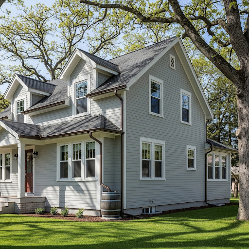 A house has a pitched roof, grey siding and brown gutters.