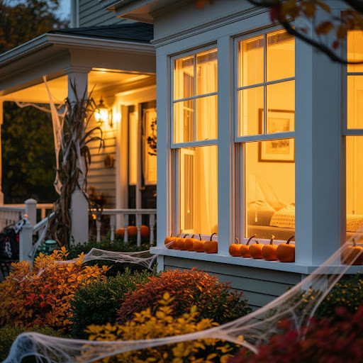 A house’s windowsills are lined with small orange pumpkins for a festive Halloween look.
