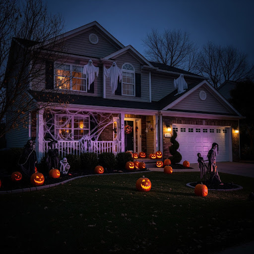 A two-story house has pumpkins, ghosts, skeletons and cobwebs for a spooky Halloween look.