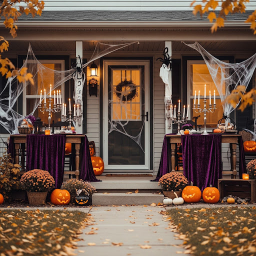 A house is decorated for Halloween. Tables have purple velvet fabric draped over them. Candelabras are on top of the tables. Pumpkins, mums, cobwebs and other decor elements are also utilized.