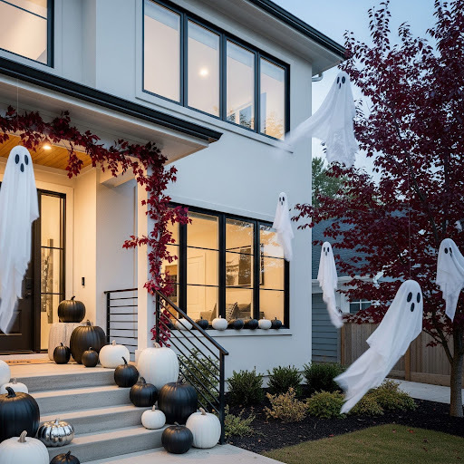 A house is decorated for Halloween with black, white and silver pumpkins, hanging white ghosts and crimson foliage.