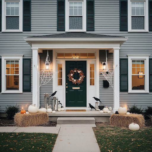 A home’s entryway has white pumpkins, hay bales, a wreath, crows and cobwebs to create a festive look.
