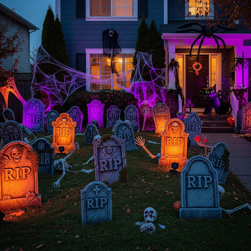 A home has a Halloween graveyard on the lawn with tombstones, skeletons and other spooky decorations.