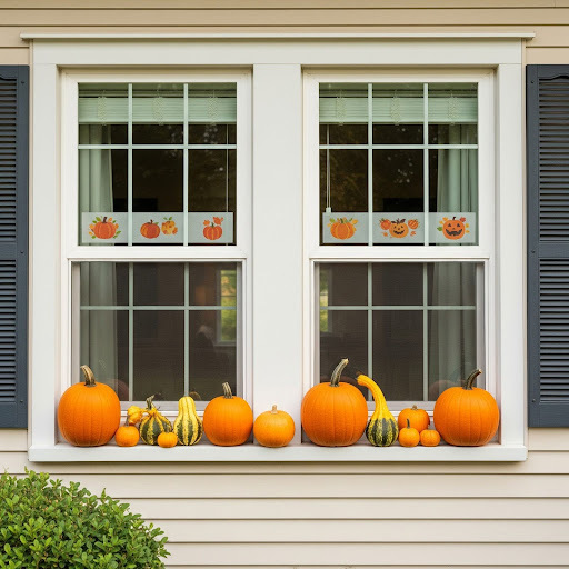 Windows are lined with pumpkins and ghords. Festive window clings are also utilized for a fun look.