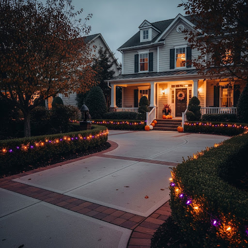 A house’s driveway is lined with purple and orange lights hanging on bushes.