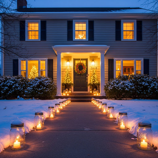 A pathway to a snow-covered home is lit with individual mason jar lanterns.