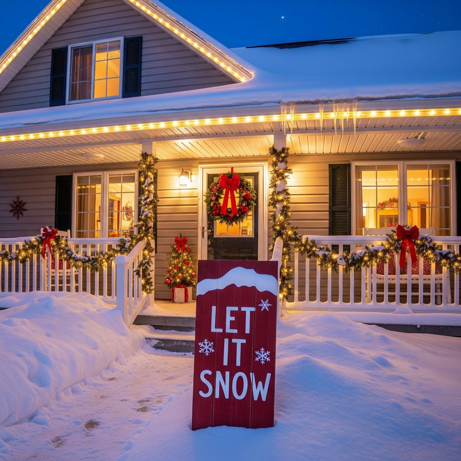 Sparkling garlands wrap around a home’s porch while a snow-covered front yard displays a homemade wooden sign.