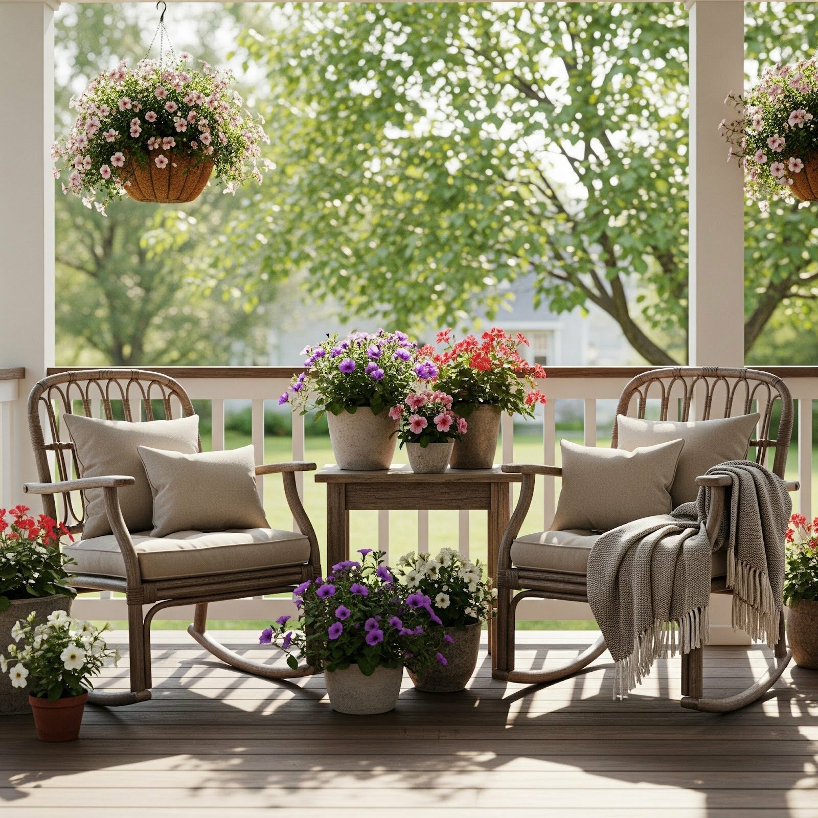 A front porch has two chairs, a small table and various plants for a fun spring look.
