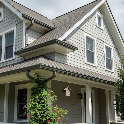 A house has a pitched roof, grey aluminum siding and sturdy, well-installed gutters along the roofline.