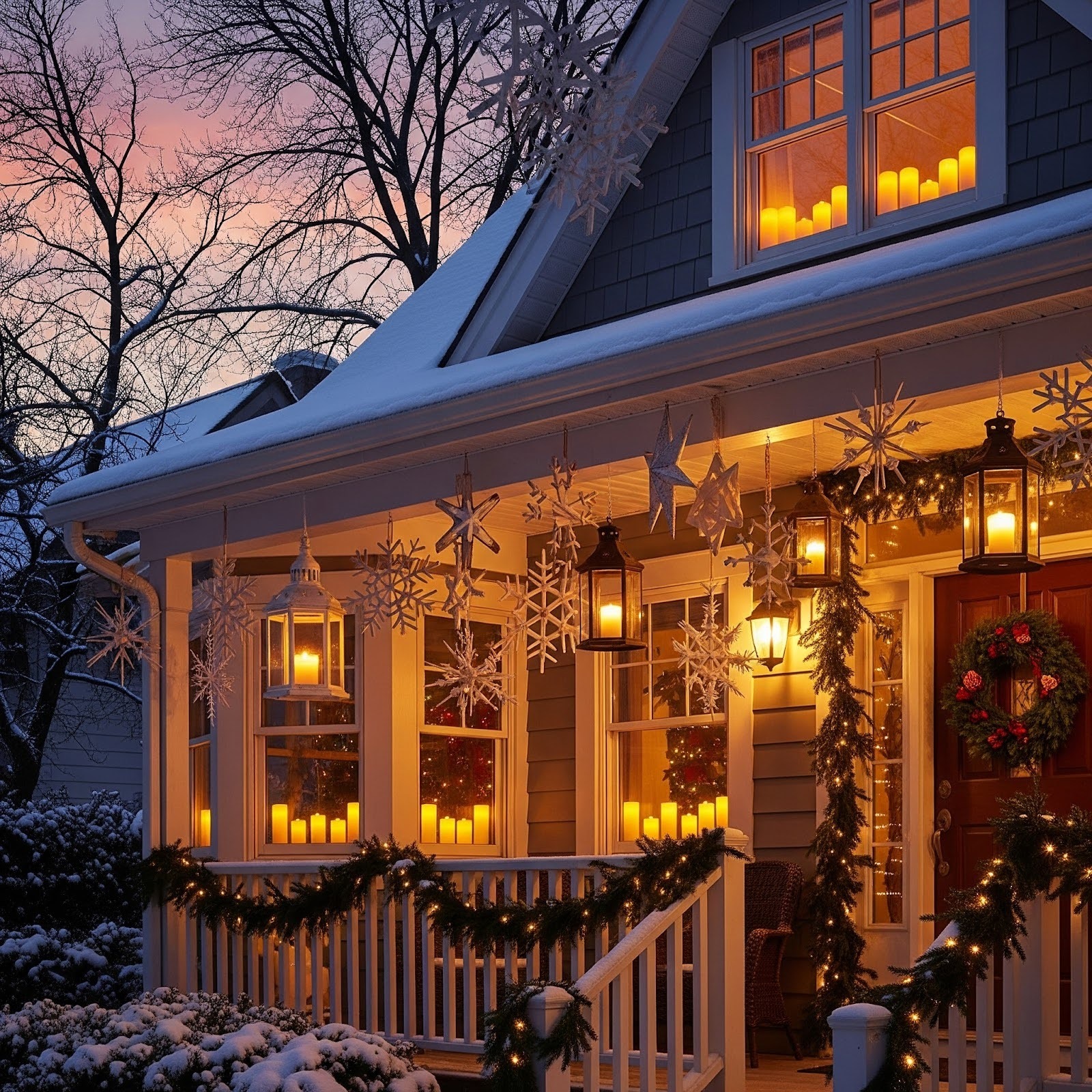 Wooden snowflakes and stars hang from a porch draped in garlands, lanterns and fairy lights
