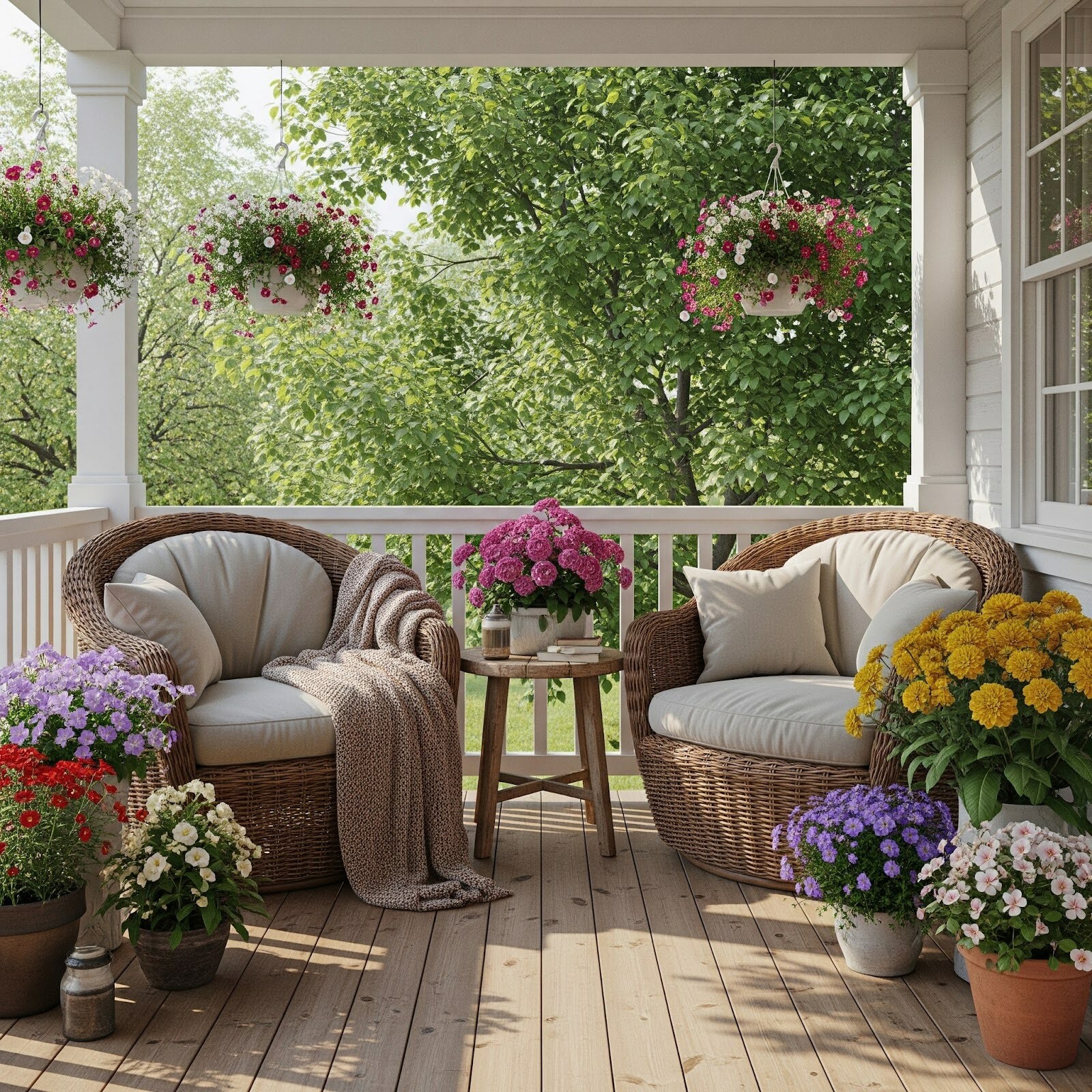 A front porch has two wicker chairs, a small table and various plants for a colorful, spring look.
