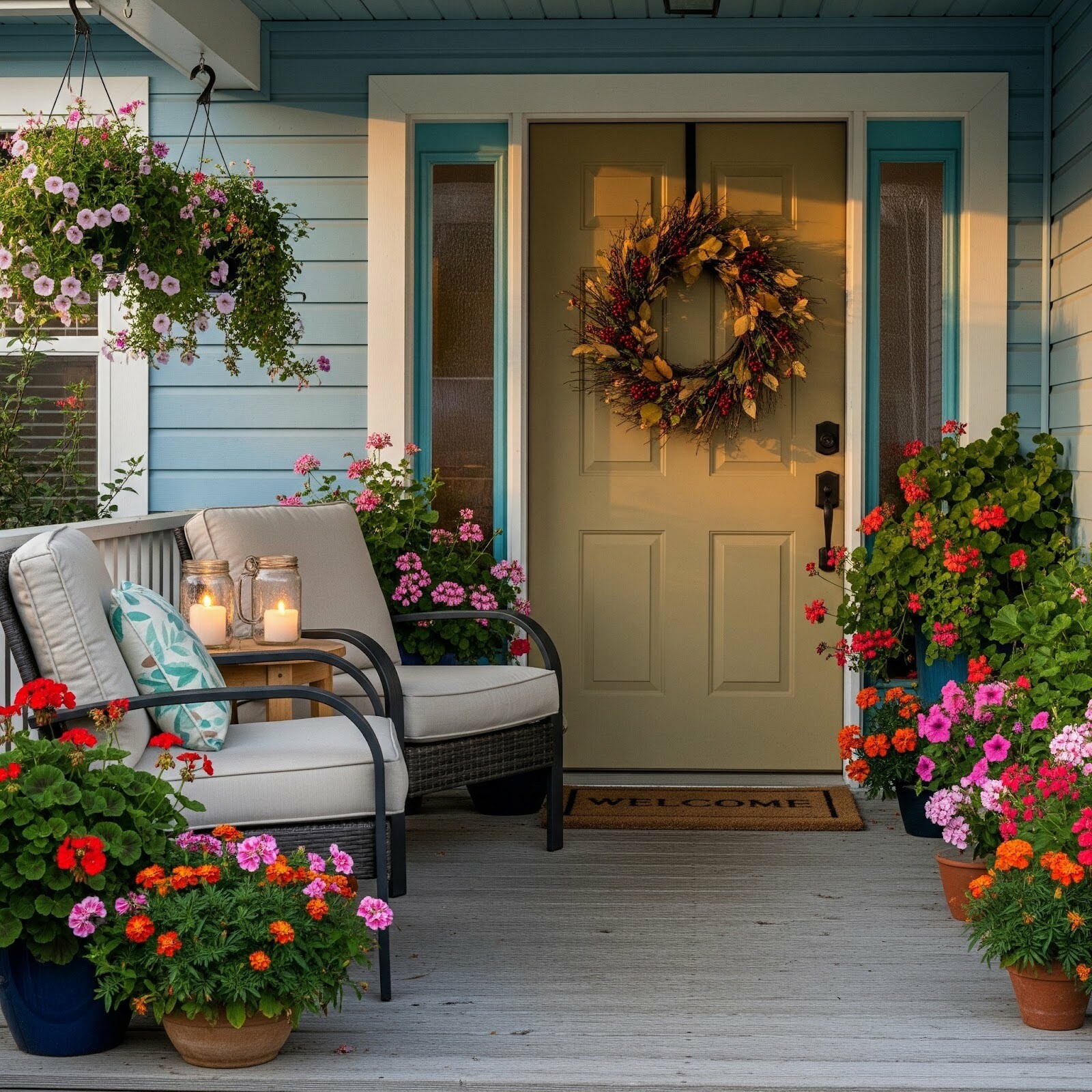 A front porch has plants, two chairs, mason jar lanterns, a wreath and a front door mat for a stunning spring look.