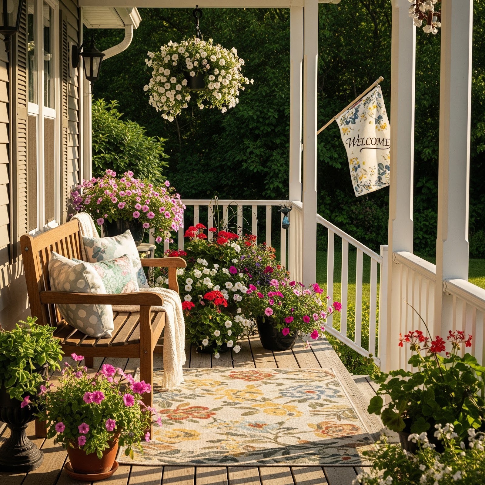 A front porch has flowers, a bench, a flag and a rug for a colorful spring design.
