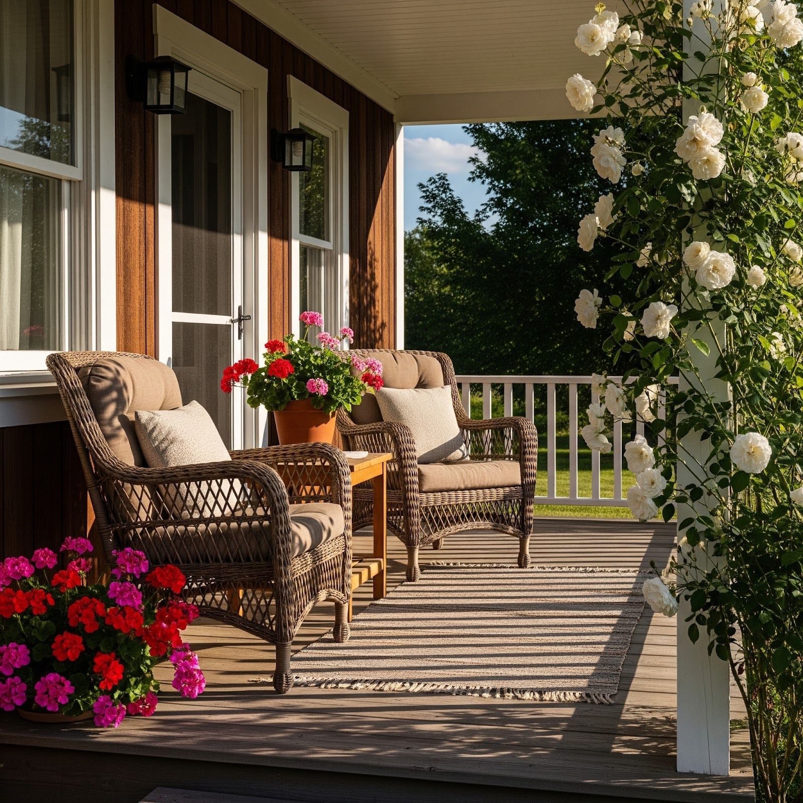 A front porch has flowers and two wicker chairs for a relaxing spring vibe.