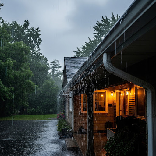 A gutter system is working to guide heavy rainfall away from the home.