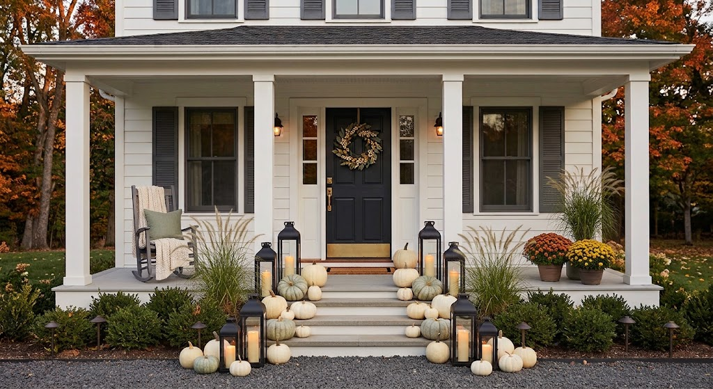 Autumn front porch with monochromatic pumpkins, fountain grass, black lanterns, a leaf wreath on a black door and a rocking chair with a throw blanket.